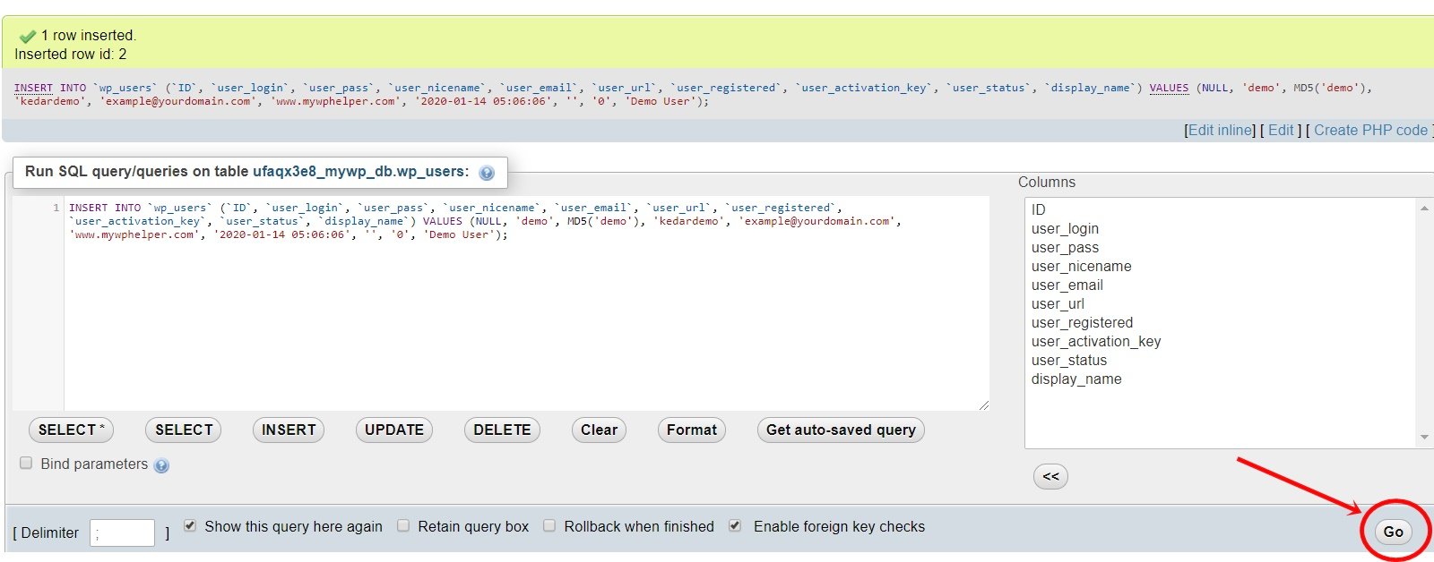 After insert Database wp_users table and insert options for create a new user by Database