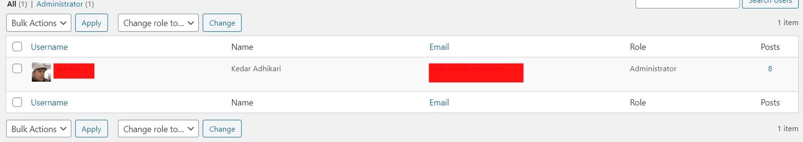 interface of WordPress User Panel